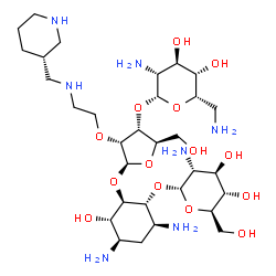 ChemSpider 2D Image | (1R,2R,3S,4R,6S)-4,6-Diamino-2-{[3-O-(2,6-diamino-2,6-dideoxy-beta-L-idopyranosyl)-2-O-(2-{[(3R)-3-piperidinylmethyl]amino}ethyl)-beta-D-ribofuranosyl]oxy}-3-hydroxycyclohexyl 2-amino-2-deoxy-alpha-D-
glucopyranoside | C31H61N7O14