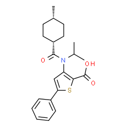 ChemSpider 2D Image | 3-{Isopropyl[(cis-4-methylcyclohexyl)carbonyl]amino}-5-phenyl-2-thiophenecarboxylic acid | C22H27NO3S