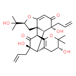 ChemSpider 2D Image | (1S,2R,4S,9R,10R,11R,14R,19R)-9,19-Diallyl-9,14,19-trihydroxy-4-(2-hydroxy-2-propanyl)-15,15-dimethyl-5,16-dioxapentacyclo[9.6.2.0~2,6~.0~2,10~.0~12,17~]nonadeca-6,12(17)-diene-8,18-dione | C28H36O8