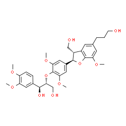 ChemSpider 2D Image | (1S,2R)-1-(3,4-Dimethoxyphenyl)-2-{4-[(2R,3S)-3-(hydroxymethyl)-5-(3-hydroxypropyl)-7-methoxy-2,3-dihydro-1-benzofuran-2-yl]-2,6-dimethoxyphenoxy}-1,3-propanediol | C32H40O11