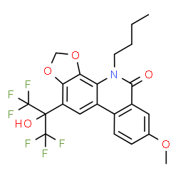 ChemSpider 2D Image | 4-Butyl-11-(1,1,1,3,3,3-hexafluoro-2-hydroxy-2-propanyl)-7-methoxy[1,3]dioxolo[4,5-c]phenanthridin-5(4H)-one | C22H19F6NO5