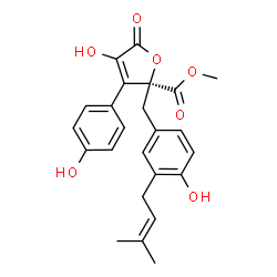 ChemSpider 2D Image | Methyl (2S)-4-hydroxy-2-[4-hydroxy-3-(3-methyl-2-buten-1-yl)benzyl]-3-(4-hydroxyphenyl)-5-oxo-2,5-dihydro-2-furancarboxylate | C24H24O7