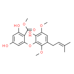ChemSpider 2D Image | Methyl 2,4-dihydroxy-6-[2-hydroxy-3,6-dimethoxy-5-(3-methyl-2-buten-1-yl)phenoxy]benzoate | C21H24O8