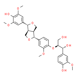 ChemSpider 2D Image | (1R,2S)-2-{4-[(1R,3aS,4R,6aS)-4-(4-Hydroxy-3,5-dimethoxyphenyl)tetrahydro-1H,3H-furo[3,4-c]furan-1-yl]-2-methoxyphenoxy}-1-(4-hydroxy-3-methoxyphenyl)-1,3-propanediol | C31H36O11