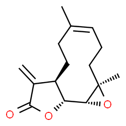 ChemSpider 2D Image | (1aR,4Z,7aR,10aR,10bR)-1a,5-Dimethyl-8-methylene-2,3,6,7,7a,8,10a,10b-octahydrooxireno[9,10]cyclodeca[1,2-b]furan-9(1aH)-one | C15H20O3