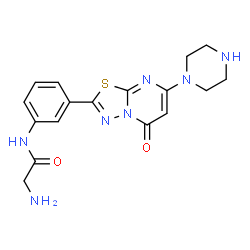 ChemSpider 2D Image | N-{3-[5-Oxo-7-(1-piperazinyl)-5H-[1,3,4]thiadiazolo[3,2-a]pyrimidin-2-yl]phenyl}glycinamide | C17H19N7O2S