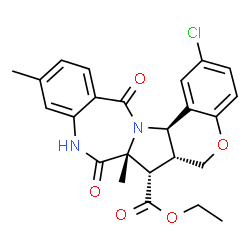 ChemSpider 2D Image | Ethyl (6aR,7S,7aR,15aR)-2-chloro-7a,11-dimethyl-8,14-dioxo-6a,7a,8,9,14,15a-hexahydro-6H,7H-chromeno[3',4':4,5]pyrrolo[2,1-c][1,4]benzodiazepine-7-carboxylate | C24H23ClN2O5