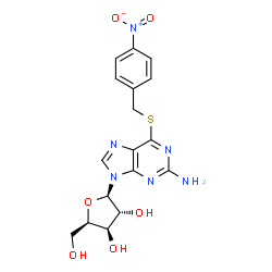 ChemSpider 2D Image | 6-[(4-Nitrobenzyl)sulfanyl]-9-(beta-D-xylofuranosyl)-9H-purin-2-amine | C17H18N6O6S