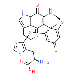 ChemSpider 2D Image | 5-{[(1S,14S)-11,18-Dioxo-15-thia-4,9,13-triazahexacyclo[12.6.1.1~3,7~.0~1,16~.0~2,12~.0~10,22~]docosa-2(12),3,7,10(22),16,19-hexaen-20-yl]sulfanyl}-3-methyl-L-histidine | C25H22N6O4S2