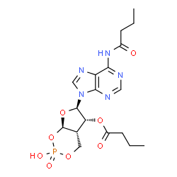 ChemSpider 2D Image | (4aS,5R,6R,7aR)-6-[6-(Butyrylamino)-9H-purin-9-yl]-2-hydroxy-2-oxidotetrahydro-4H-furo[2,3-d][1,3,2]dioxaphosphinin-5-yl butyrate | C18H24N5O8P