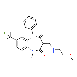ChemSpider 2D Image | (3E)-3-{[(2-Methoxyethyl)amino]methylene}-1-methyl-5-phenyl-7-(trifluoromethyl)-1H-1,5-benzodiazepine-2,4(3H,5H)-dione | C21H20F3N3O3