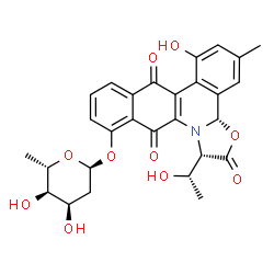 ChemSpider 2D Image | (1S,3aS)-7-Hydroxy-1-[(1S)-1-hydroxyethyl]-5-methyl-2,8,13-trioxo-1,2,8,13-tetrahydro-3aH-benzo[b][1,3]oxazolo[3,2-f]phenanthridin-12-yl 2,6-dideoxy-alpha-L-ribo-hexopyranoside | C28H27NO10