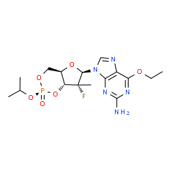 ChemSpider 2D Image | 6-Ethoxy-9-[(2R,4aR,6R,7R,7aR)-7-fluoro-2-isopropoxy-7-methyl-2-oxidotetrahydro-4H-furo[3,2-d][1,3,2]dioxaphosphinin-6-yl]-9H-purin-2-amine | C16H23FN5O6P