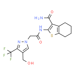 ChemSpider 2D Image | 2-({[4-(Hydroxymethyl)-3-(trifluoromethyl)-1H-pyrazol-1-yl]acetyl}amino)-4,5,6,7-tetrahydro-1-benzothiophene-3-carboxamide | C16H17F3N4O3S