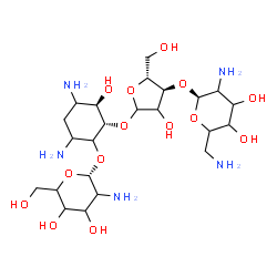 ChemSpider 2D Image | (2S,3R)-4,6-Diamino-2-({(2xi)-3-O-[(1S)-2,6-diamino-2,6-dideoxyhexopyranosyl]-D-erythro-pentofuranosyl}oxy)-3-hydroxycyclohexyl (1S)-2-amino-2-deoxyhexopyranoside | C23H45N5O14
