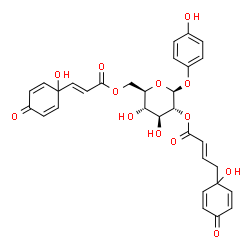 ChemSpider 2D Image | 4-Hydroxyphenyl 2-O-[(2E)-4-(1-hydroxy-4-oxo-2,5-cyclohexadien-1-yl)-2-butenoyl]-6-O-[(2E)-3-(1-hydroxy-4-oxo-2,5-cyclohexadien-1-yl)-2-propenoyl]-beta-D-glucopyranoside | C31H30O13