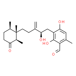 ChemSpider 2D Image | 2,4-Dihydroxy-3-{(2R)-2-hydroxy-3-methylene-5-[(1S,2R,6R)-1,2,6-trimethyl-3-oxocyclohexyl]pentyl}-6-methylbenzaldehyde | C23H32O5