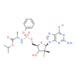 ChemSpider 2D Image | Isopropyl (2S)-2-{[(S)-{[(2R,3R,4R,5R)-5-(2-amino-6-methoxy-9H-purin-9-yl)-4-fluoro-3-hydroxy-4-methyltetrahydro-2-furanyl]methoxy}(phenoxy)phosphoryl]amino}propanoate | C24H32FN6O8P