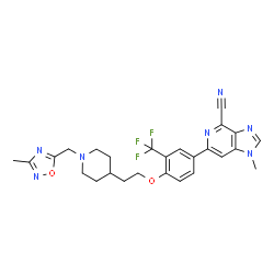ChemSpider 2D Image | 1-Methyl-6-[4-(2-{1-[(3-methyl-1,2,4-oxadiazol-5-yl)methyl]-4-piperidinyl}ethoxy)-3-(trifluoromethyl)phenyl]-1H-imidazo[4,5-c]pyridine-4-carbonitrile | C26H26F3N7O2