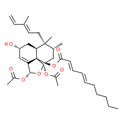 ChemSpider 2D Image | (1S,3R,5R,6aS,7R,8R,10R,10aS)-1,3-Diacetoxy-5-hydroxy-7,8-dimethyl-7-[(2E)-3-methyl-2,4-pentadien-1-yl]-3,5,6,6a,7,8,9,10-octahydronaphtho[1,8a-c]furan-10-yl (2E,4E)-2,4-decadienoate | C34H48O8