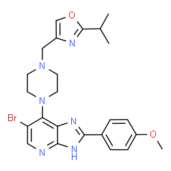 ChemSpider 2D Image | 6-Bromo-7-{4-[(2-isopropyl-1,3-oxazol-4-yl)methyl]-1-piperazinyl}-2-(4-methoxyphenyl)-1H-imidazo[4,5-b]pyridine | C24H27BrN6O2