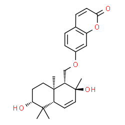 ChemSpider 2D Image | 7-{[(1R,2S,4aS,6R,8aR)-2,6-Dihydroxy-2,5,5,8a-tetramethyl-1,2,4a,5,6,7,8,8a-octahydro-1-naphthalenyl]methoxy}-2H-chromen-2-one | C24H30O5