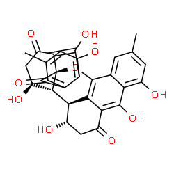 ChemSpider 2D Image | (3S,3aR,3bS,4S,12aR)-3,4,7,8,17,18-Hexahydroxy-10,15-dimethyl-3a,3b,4,5-tetrahydro-2H-dibenzo[c,mn]naphtho[2,3-g]xanthene-1,6,13(3H)-trione | C30H24O10