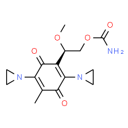 ChemSpider 2D Image | (2R)-2-[2,5-Bis(1-aziridinyl)-4-methyl-3,6-dioxo-1,4-cyclohexadien-1-yl]-2-methoxyethyl carbamate | C15H19N3O5