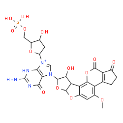 ChemSpider 2D Image | 2-Amino-9-(2-deoxy-5-O-phosphonopentofuranosyl)-7-(9-hydroxy-4-methoxy-1,11-dioxo-1,2,3,6a,8,9,9a,11-octahydrocyclopenta[c]furo[3',2':4,5]furo[2,3-h]chromen-8-yl)-6-oxo-6,7-dihydro-3H-purin-9-ium | C27H27N5O14P