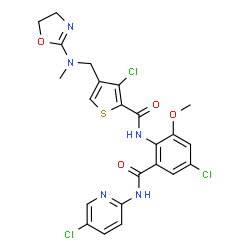 ChemSpider 2D Image | 3-Chloro-N-{4-chloro-2-[(5-chloro-2-pyridinyl)carbamoyl]-6-methoxyphenyl}-4-{[4,5-dihydro-1,3-oxazol-2-yl(methyl)amino]methyl}-2-thiophenecarboxamide | C23H20Cl3N5O4S