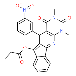 ChemSpider 2D Image | 1,3-Dimethyl-5-(3-nitrophenyl)-2,4-dioxo-2,3,4,5-tetrahydro-1H-indeno[2',1':5,6]pyrido[2,3-d]pyrimidin-6-yl propionate | C25H20N4O6