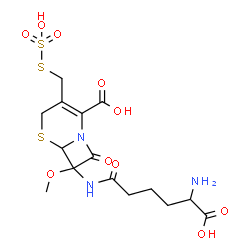 ChemSpider 2D Image | 7-[(5-Amino-5-carboxypentanoyl)amino]-7-methoxy-8-oxo-3-[(sulfosulfanyl)methyl]-5-thia-1-azabicyclo[4.2.0]oct-2-ene-2-carboxylic acid | C15H21N3O10S3