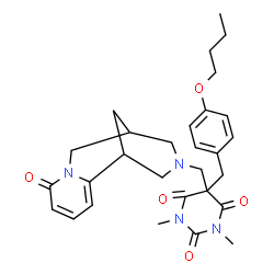 ChemSpider 2D Image | 5-(4-Butoxybenzyl)-1,3-dimethyl-5-[(6-oxo-7,11-diazatricyclo[7.3.1.0~2,7~]trideca-2,4-dien-11-yl)methyl]-2,4,6(1H,3H,5H)-pyrimidinetrione | C29H36N4O5