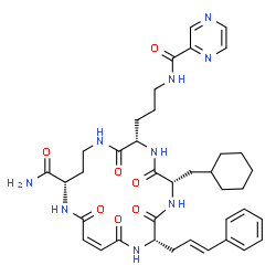 ChemSpider 2D Image | (2S,5S,8S,13S,Z)-2-Cinnamyl-5-(cyclohexylmethyl)-3,6,9,15,18-pentaoxo-8-(3-(pyrazine-2-carboxamido)propyl)-1,4,7,10,14-pentaazacyclooctadec-16-ene-13-carboxamide | C38H49N9O7