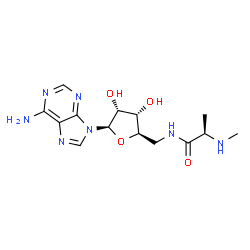 ChemSpider 2D Image | (2R)-N-[[(2R,3S,4R,5R)-5-(6-aminopurin-9-yl)-3,4-dihydroxy-tetrahydrofuran-2-yl]methyl]-2-(methylamino)propanamide | C14H21N7O4