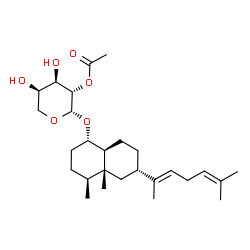 ChemSpider 2D Image | (1S,4S,4aR,6S,8aS)-4,4a-Dimethyl-6-[(2E)-6-methyl-2,5-heptadien-2-yl]decahydro-1-naphthalenyl 2-O-acetyl-beta-D-arabinopyranoside | C27H44O6