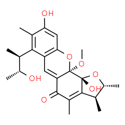 ChemSpider 2D Image | (2R,3S,11aR,11bR)-9,11b-Dihydroxy-7-[(2S,3R)-3-hydroxy-2-butanyl]-11a-methoxy-2,3,4,8-tetramethyl-2,3,11a,11b-tetrahydro-5H-furo[3,2-c]xanthen-5-one | C24H30O7