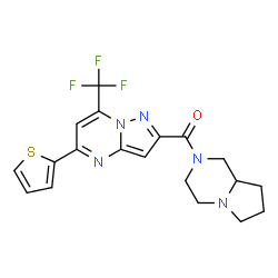 ChemSpider 2D Image | Hexahydropyrrolo[1,2-a]pyrazin-2(1H)-yl[5-(2-thienyl)-7-(trifluoromethyl)pyrazolo[1,5-a]pyrimidin-2-yl]methanone | C19H18F3N5OS