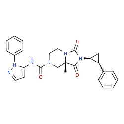 ChemSpider 2D Image | (8aS)-8a-Methyl-1,3-dioxo-2-[(1S,2R)-2-phenylcyclopropyl]-N-(1-phenyl-1H-pyrazol-5-yl)hexahydroimidazo[1,5-a]pyrazine-7(1H)-carboxamide | C26H26N6O3