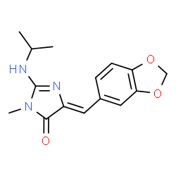 ChemSpider 2D Image | (5Z)-5-(1,3-Benzodioxol-5-ylmethylene)-2-(isopropylamino)-3-methyl-3,5-dihydro-4H-imidazol-4-one | C15H17N3O3