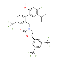 ChemSpider 2D Image | (5R)-5-[3,5-Bis(trifluoromethyl)phenyl]-3-{[4'-fluoro-5'-isopropyl-2'-methoxy-4-(trifluoromethyl)-2-biphenylyl]methyl}-1,3-oxazolidin-2-one | C29H23F10NO3