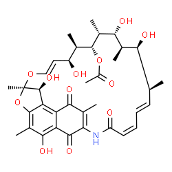 ChemSpider 2D Image | (6S,7R,9E,11S,12R,13R,14R,15R,16R,17S,18S,19E,21Z)-2,6,11,15,17-Pentahydroxy-3,7,12,14,16,18,26-heptamethyl-23,27,29-trioxo-8,30-dioxa-24-azatetracyclo[23.3.1.1~4,7~.0~5,28~]triaconta-1(28),2,4,9,19,2
1,25-heptaen-13-yl acetate | C36H45NO12