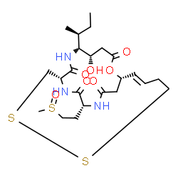 ChemSpider 2D Image | (1S,5S,6R,9S,15E,20R)-6-[(2S)-2-Butanyl]-5-hydroxy-20-[2-(methylsulfinyl)ethyl]-2-oxa-11,12-dithia-7,19,22-triazabicyclo[7.7.6]docos-15-ene-3,8,18,21-tetrone | C23H37N3O7S3