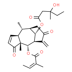 ChemSpider 2D Image | (1R,2S,3S,7R,8S,9R,13S)-2,7-Dimethyl-8-{[(2Z)-2-methyl-2-butenoyl]oxy}-10-methylene-6,11-dioxotricyclo[7.3.1.0~3,7~]tridec-4-en-13-yl 3-hydroxy-3-methylpentanoate | C27H36O7