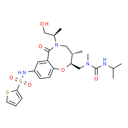 ChemSpider 2D Image | N-[(2S,3S)-5-[(2R)-1-Hydroxy-2-propanyl]-2-{[(isopropylcarbamoyl)(methyl)amino]methyl}-3-methyl-6-oxo-3,4,5,6-tetrahydro-2H-1,5-benzoxazocin-8-yl]-2-thiophenesulfonamide | C24H34N4O6S2