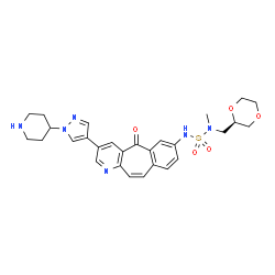 ChemSpider 2D Image | N-[(2R)-1,4-Dioxan-2-ylmethyl]-N-methyl-N'-{5-oxo-3-[1-(4-piperidinyl)-1H-pyrazol-4-yl]-5H-benzo[4,5]cyclohepta[1,2-b]pyridin-7-yl}sulfuric diamide | C28H32N6O5S