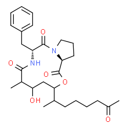 ChemSpider 2D Image | (9R,14aS)-9-Benzyl-5-hydroxy-6-methyl-3-(7-oxo-2-octanyl)decahydro-1H-pyrrolo[2,1-c][1,4,7]oxadiazacyclododecine-1,7,10-trione | C28H40N2O6
