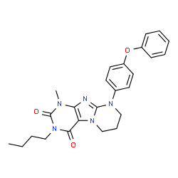 ChemSpider 2D Image | 3-Butyl-1-methyl-9-(4-phenoxyphenyl)-6,7,8,9-tetrahydropyrimido[2,1-f]purine-2,4(1H,3H)-dione | C25H27N5O3