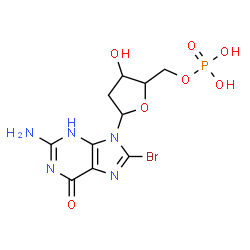 ChemSpider 2D Image | 2-Amino-8-bromo-9-(2-deoxy-5-O-phosphonopentofuranosyl)-3,9-dihydro-6H-purin-6-one | C10H13BrN5O7P