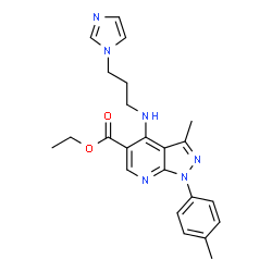 ChemSpider 2D Image | Ethyl 4-{[3-(1H-imidazol-1-yl)propyl]amino}-3-methyl-1-(4-methylphenyl)-1H-pyrazolo[3,4-b]pyridine-5-carboxylate | C23H26N6O2